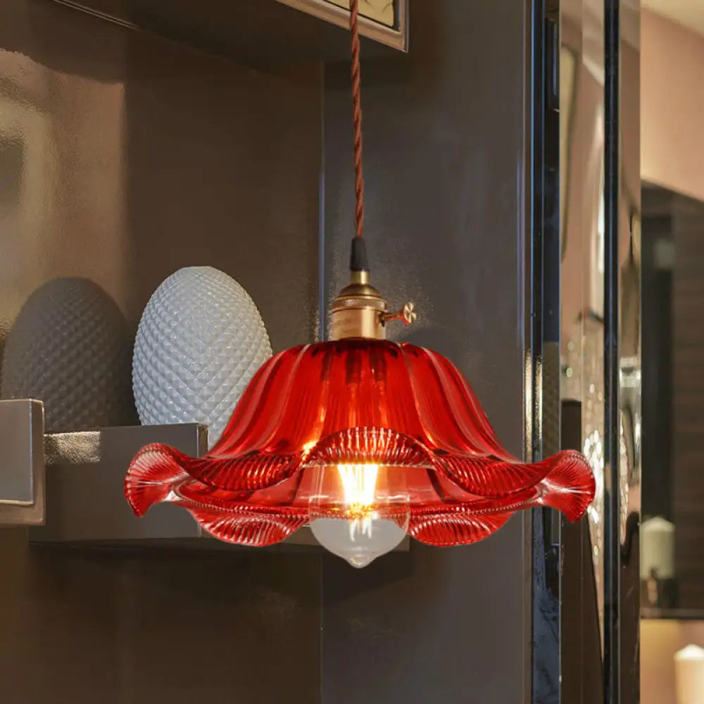 Industrial Scalloped Pendant Light - 1 Light, Red Glass, 8"/10"/12" Wide - Hanging Lamp for Living Room