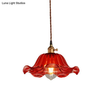 Industrial Scalloped Pendant Light - 1 Light, Red Glass, 8"/10"/12" Wide - Hanging Lamp for Living Room