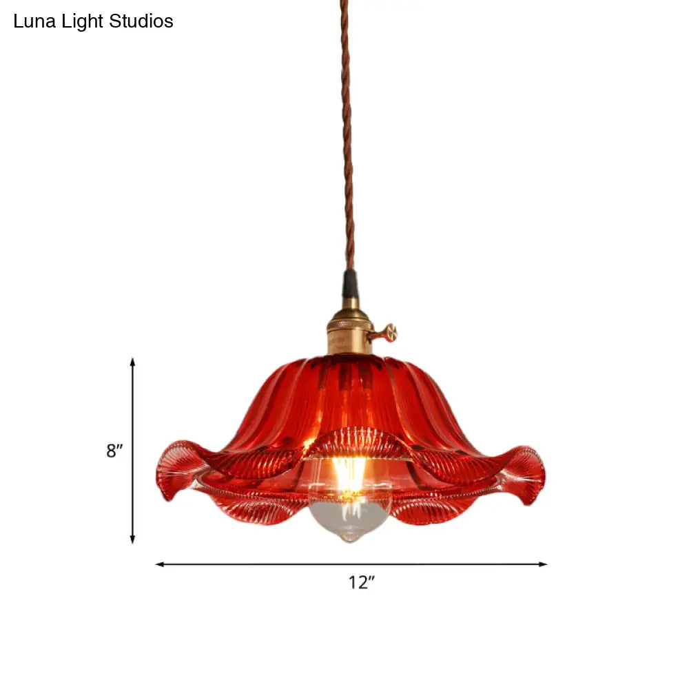 Industrial Scalloped Pendant Light - 1 Light, Red Glass, 8"/10"/12" Wide - Hanging Lamp for Living Room