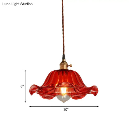 Industrial Scalloped Pendant Light - 1 Light, Red Glass, 8"/10"/12" Wide - Hanging Lamp for Living Room