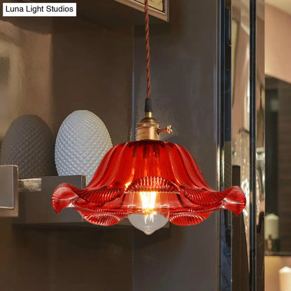 Industrial Scalloped Pendant Light - 1 Light, Red Glass, 8"/10"/12" Wide - Hanging Lamp for Living Room