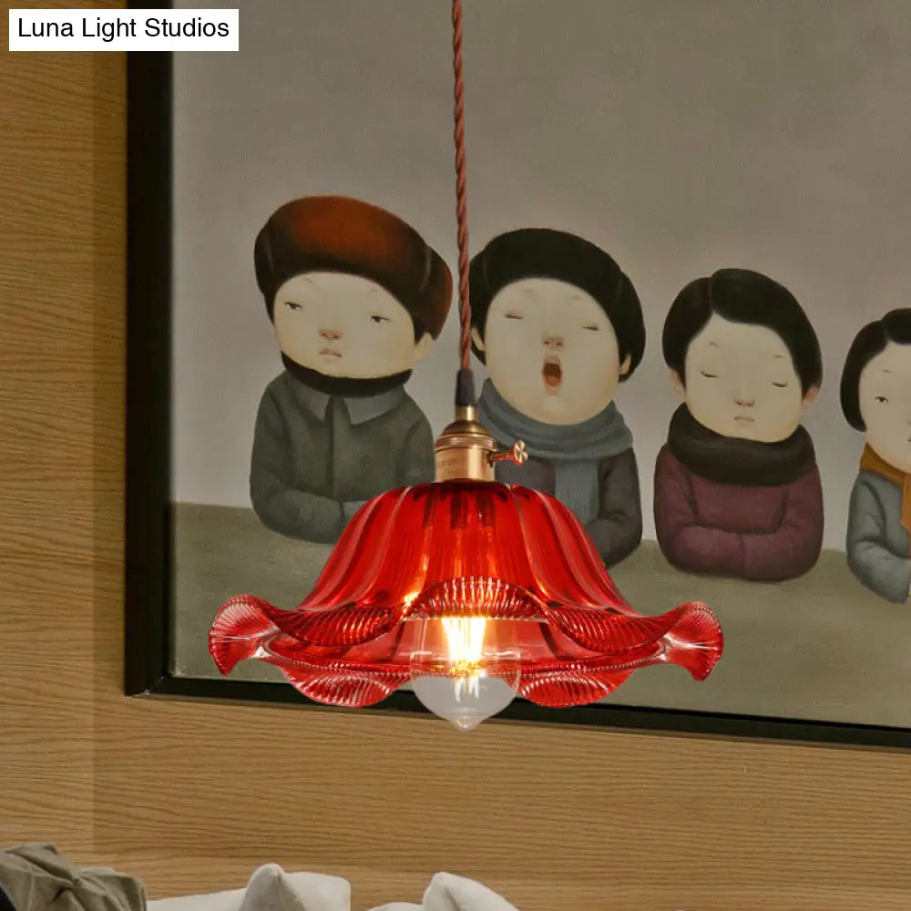 Industrial Scalloped Pendant Light - 1 Light, Red Glass, 8"/10"/12" Wide - Hanging Lamp for Living Room