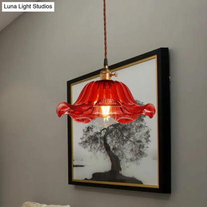 Industrial Scalloped Pendant Light - 1 Light, Red Glass, 8"/10"/12" Wide - Hanging Lamp for Living Room