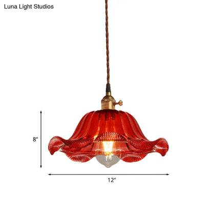 Industrial Scalloped Pendant Light - 1 Light, Red Glass, 8"/10"/12" Wide - Hanging Lamp for Living Room