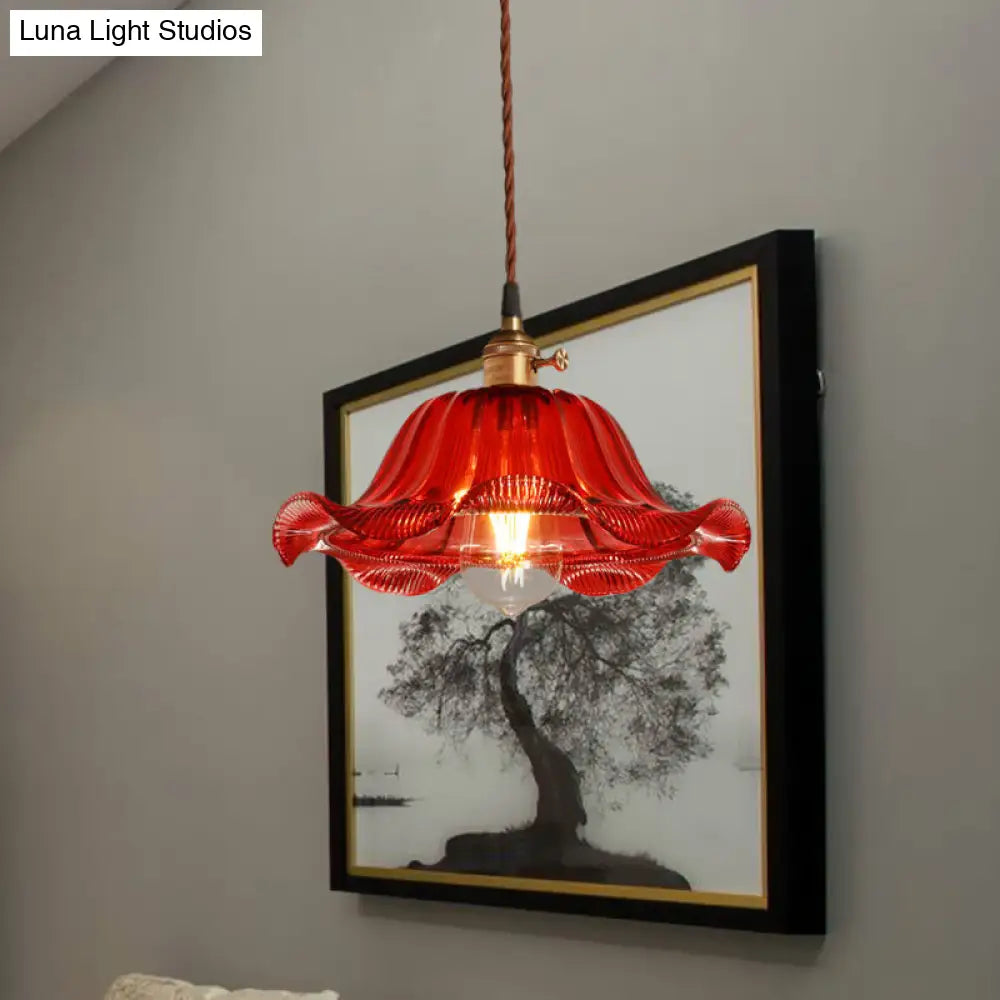 Industrial Scalloped Pendant Light - 1 Light, Red Glass, 8"/10"/12" Wide - Hanging Lamp for Living Room