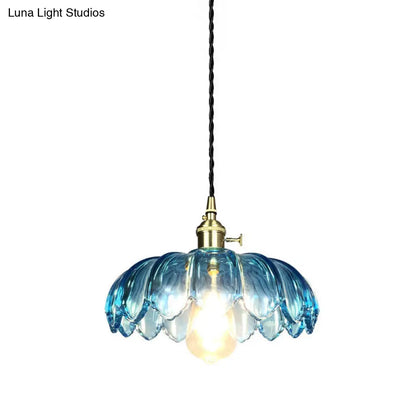 Industrial Scalloped Pendant Light - Blue Glass Hanging Lamp with Ribbed Cover - Sizes: 8"/10"/12" Wide - Brass Finish