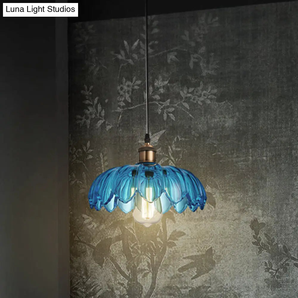 Industrial Scalloped Pendant Light - Blue Glass Hanging Lamp with Ribbed Cover - Sizes: 8"/10"/12" Wide - Brass Finish