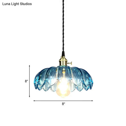 Industrial Scalloped Pendant Light - Blue Glass Hanging Lamp with Ribbed Cover - Sizes: 8"/10"/12" Wide - Brass Finish