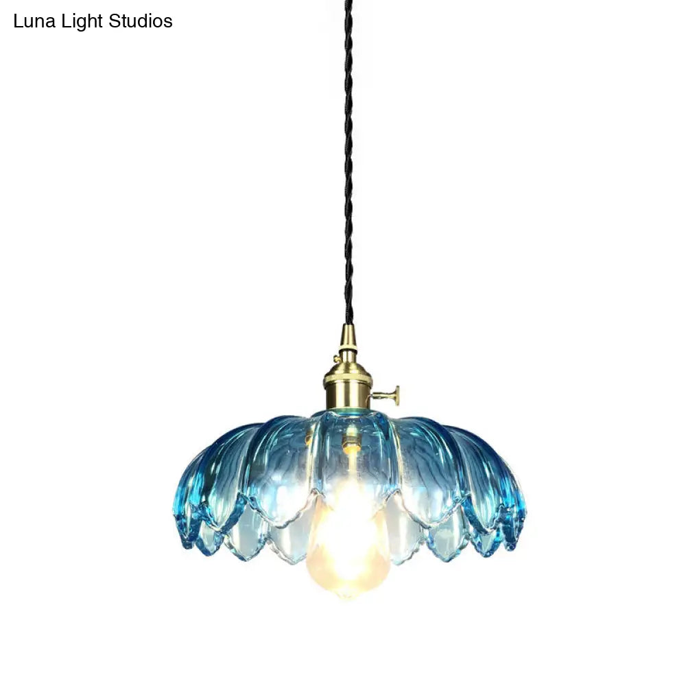 Industrial Scalloped Pendant Light - Blue Glass Hanging Lamp with Ribbed Cover - Sizes: 8"/10"/12" Wide - Brass Finish