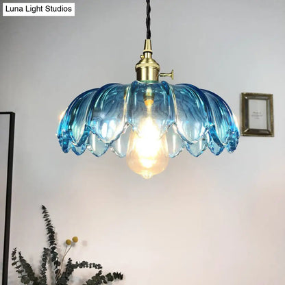 Industrial Scalloped Pendant Light - Blue Glass Hanging Lamp with Ribbed Cover - Sizes: 8"/10"/12" Wide - Brass Finish