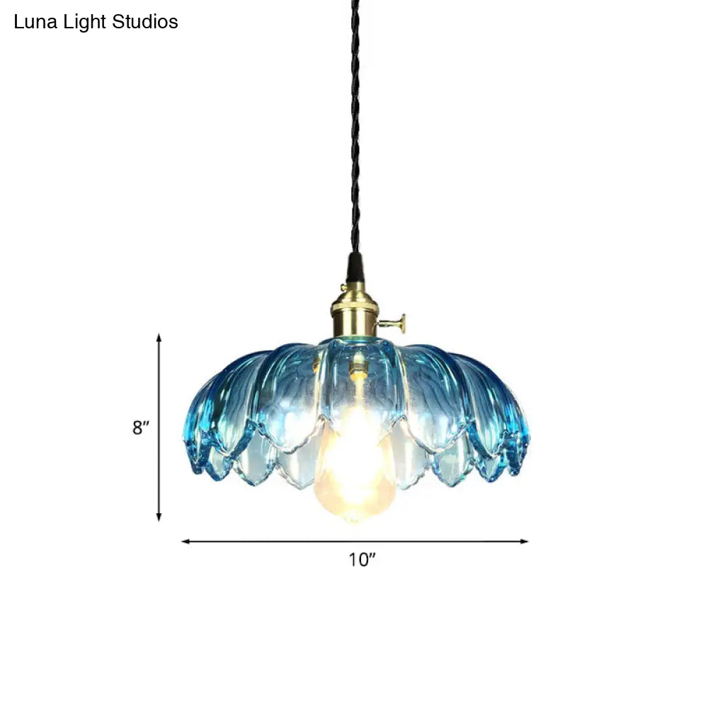 Industrial Scalloped Pendant Light - Blue Glass Hanging Lamp with Ribbed Cover - Sizes: 8"/10"/12" Wide - Brass Finish