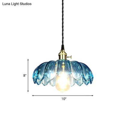 Industrial Scalloped Pendant Light - Blue Glass Hanging Lamp with Ribbed Cover - Sizes: 8"/10"/12" Wide - Brass Finish