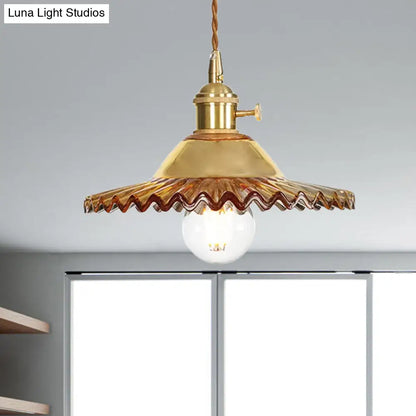 Industrial Scalloped Rose Gold Pendant Light with Amber Glass for Living Room Ceiling