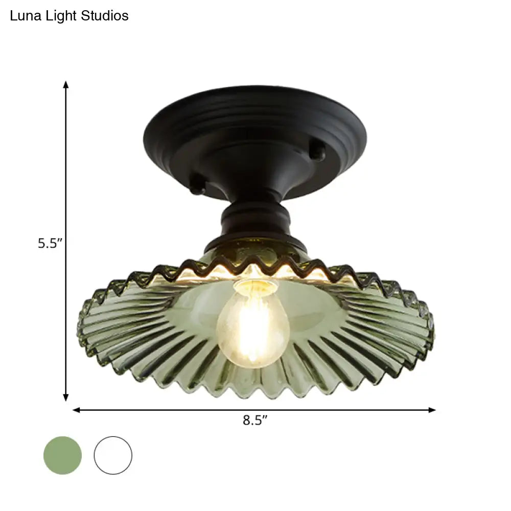 DecorBites™ DecorBites™ Industrial Scalloped Semi Flush Light - One Light Clear/Green Ribbed Glass Lighting Fixture for Indoor Spaces
