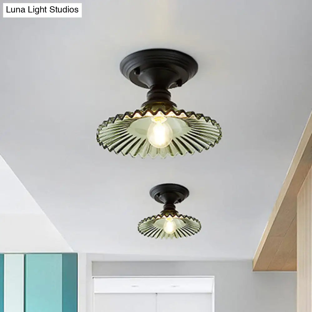 DecorBites™ DecorBites™ Industrial Scalloped Semi Flush Light - One Light Clear/Green Ribbed Glass Lighting Fixture for Indoor Spaces