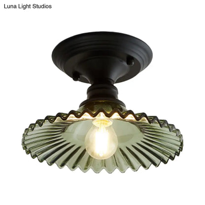 DecorBites™ DecorBites™ Industrial Scalloped Semi Flush Light - One Light Clear/Green Ribbed Glass Lighting Fixture for Indoor Spaces