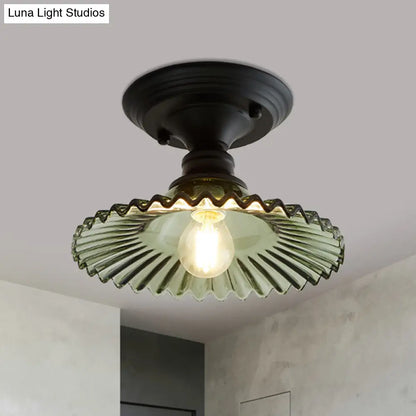 DecorBites™ DecorBites™ Industrial Scalloped Semi Flush Light - One Light Clear/Green Ribbed Glass Lighting Fixture for Indoor Spaces