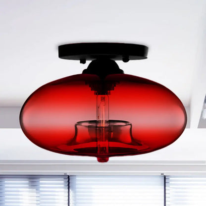 DecorBites™ DecorBites™ Industrial Semi Flush Ceiling Light with Oval Red/Brown/Blue Glass Shade - Black Finish, Ideal for Living Room