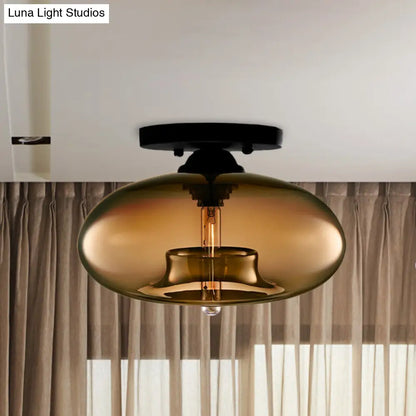 DecorBites™ DecorBites™ Industrial Semi Flush Ceiling Light with Oval Red/Brown/Blue Glass Shade - Black Finish, Ideal for Living Room