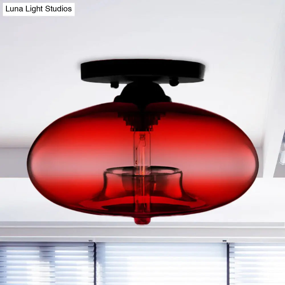 DecorBites™ DecorBites™ Industrial Semi Flush Ceiling Light with Oval Red/Brown/Blue Glass Shade - Black Finish, Ideal for Living Room