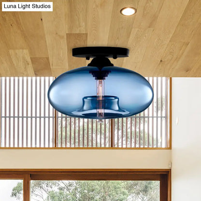 DecorBites™ DecorBites™ Industrial Semi Flush Ceiling Light with Oval Red/Brown/Blue Glass Shade - Black Finish, Ideal for Living Room