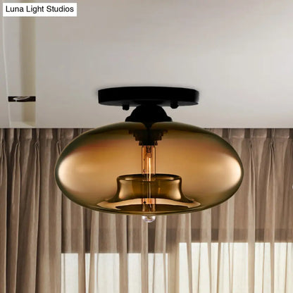 DecorBites™ DecorBites™ Industrial Semi Flush Ceiling Light with Oval Red/Brown/Blue Glass Shade - Black Finish, Ideal for Living Room