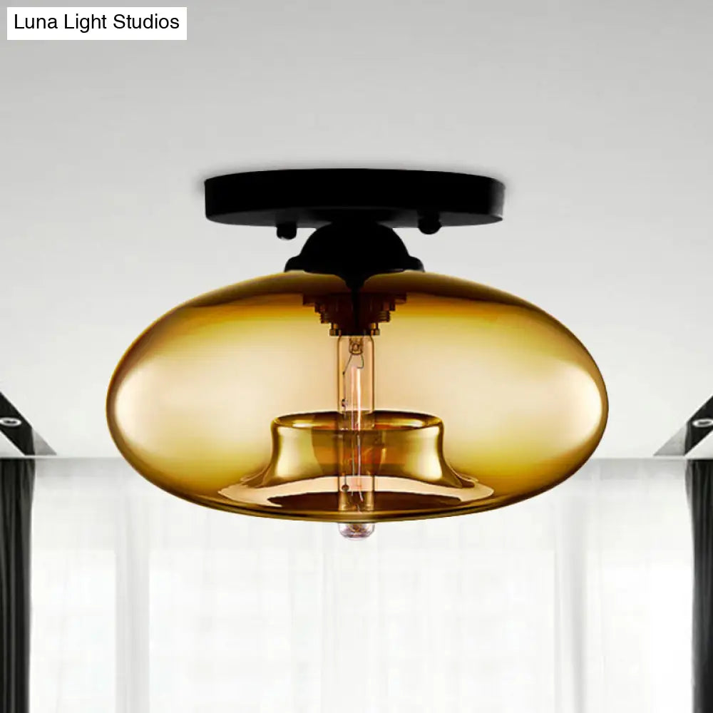 DecorBites™ DecorBites™ Industrial Semi Flush Ceiling Light with Oval Red/Brown/Blue Glass Shade - Black Finish, Ideal for Living Room