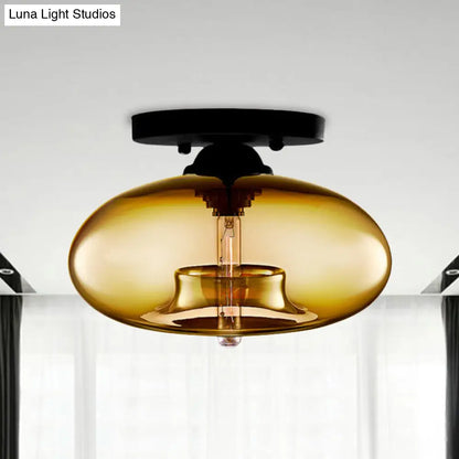 DecorBites™ DecorBites™ Industrial Semi Flush Ceiling Light with Oval Red/Brown/Blue Glass Shade - Black Finish, Ideal for Living Room