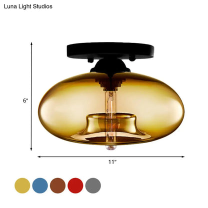 DecorBites™ DecorBites™ Industrial Semi Flush Ceiling Light with Oval Red/Brown/Blue Glass Shade - Black Finish, Ideal for Living Room