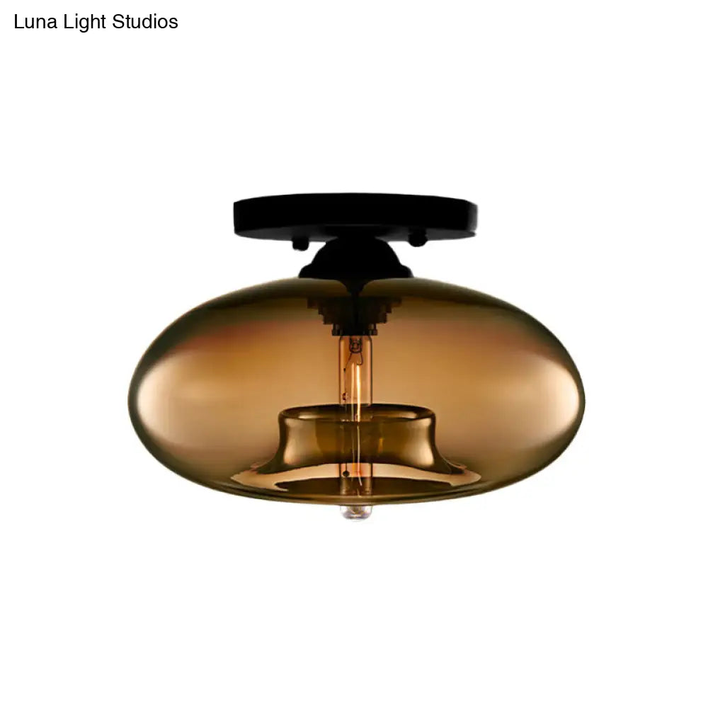 DecorBites™ DecorBites™ Industrial Semi Flush Ceiling Light with Oval Red/Brown/Blue Glass Shade - Black Finish, Ideal for Living Room