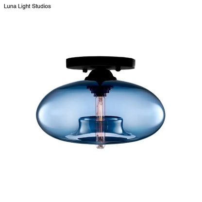 DecorBites™ DecorBites™ Industrial Semi Flush Ceiling Light with Oval Red/Brown/Blue Glass Shade - Black Finish, Ideal for Living Room