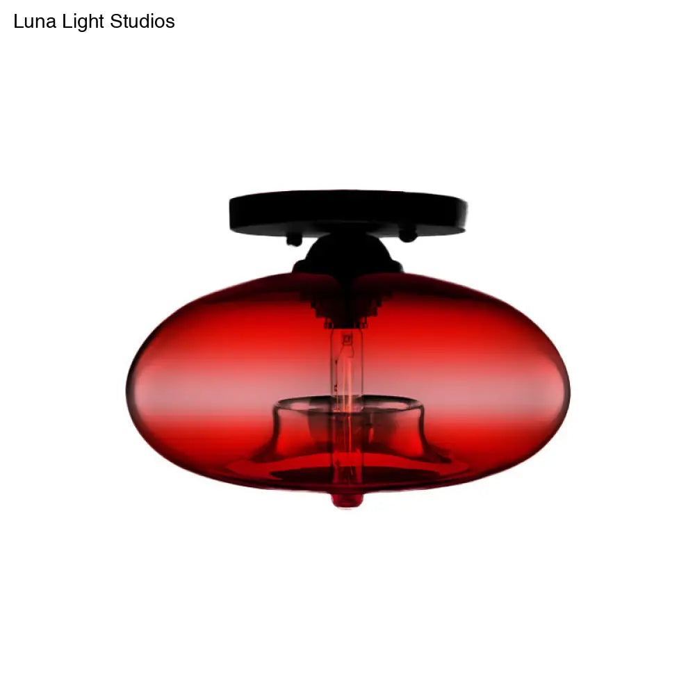 DecorBites™ DecorBites™ Industrial Semi Flush Ceiling Light with Oval Red/Brown/Blue Glass Shade - Black Finish, Ideal for Living Room