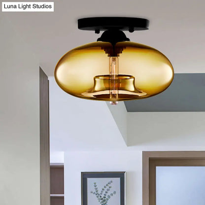 DecorBites™ DecorBites™ Industrial Semi Flush Ceiling Light with Oval Red/Brown/Blue Glass Shade - Black Finish, Ideal for Living Room