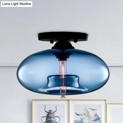 DecorBites™ DecorBites™ Industrial Semi Flush Ceiling Light with Oval Red/Brown/Blue Glass Shade - Black Finish, Ideal for Living Room