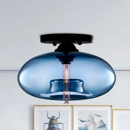 DecorBites™ DecorBites™ Industrial Semi Flush Ceiling Light with Oval Red/Brown/Blue Glass Shade - Black Finish, Ideal for Living Room