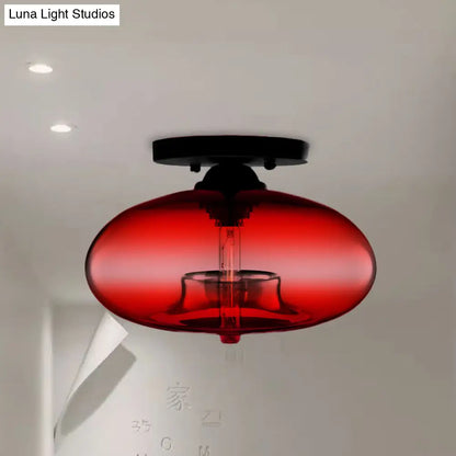 DecorBites™ DecorBites™ Industrial Semi Flush Ceiling Light with Oval Red/Brown/Blue Glass Shade - Black Finish, Ideal for Living Room