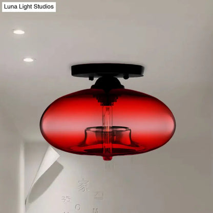 DecorBites™ DecorBites™ Industrial Semi Flush Ceiling Light with Oval Red/Brown/Blue Glass Shade - Black Finish, Ideal for Living Room