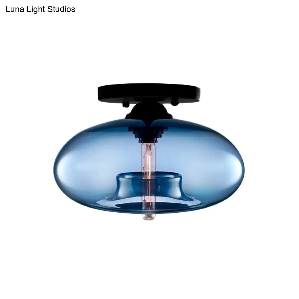 DecorBites™ DecorBites™ Industrial Semi Flush Ceiling Light with Oval Red/Brown/Blue Glass Shade - Black Finish, Ideal for Living Room