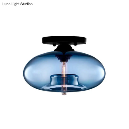 DecorBites™ DecorBites™ Industrial Semi Flush Ceiling Light with Oval Red/Brown/Blue Glass Shade - Black Finish, Ideal for Living Room