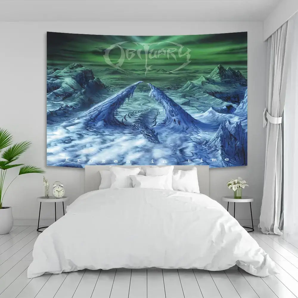 A rectangular death metal tapestry with icy mountains and green aurora sky decor for living room by decorbites
