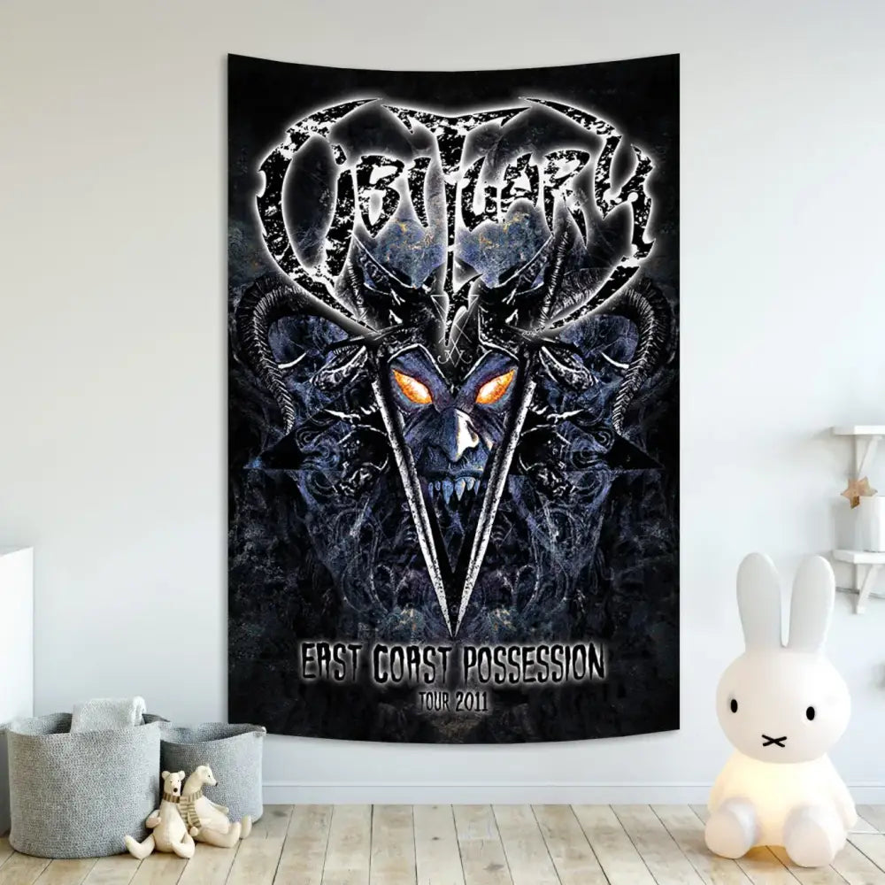 Black tapestry death metal decor featuring a dark demonic face with glowing orange eyes for living room use