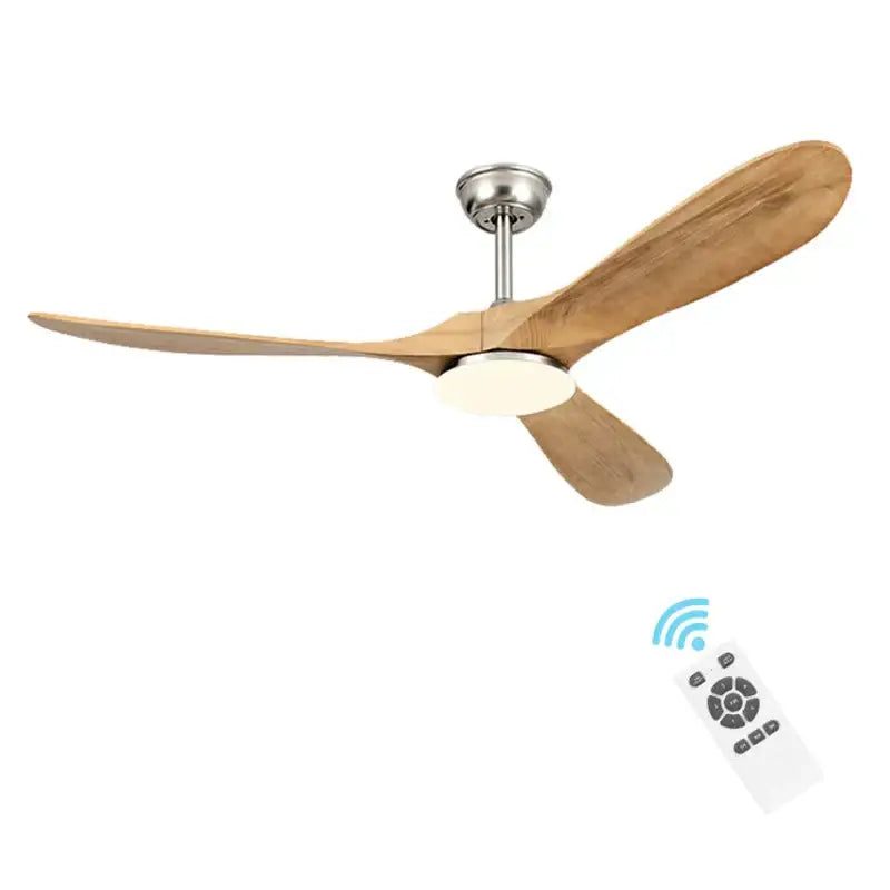 Industrial silver and wood ceiling fan with three light-toned wood blades and integrated led light for living room