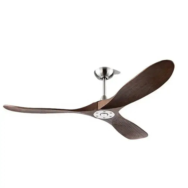 Industrial silver and wood ceiling fan with three dark brown wooden blades and brushed nickel hub for living room use
