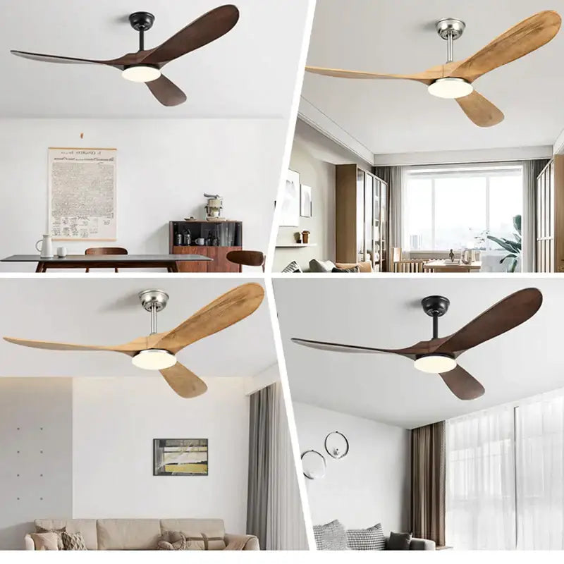 Industrial silver and wood ceiling fan with sleek wooden blades and integrated led light in dark walnut and natural wood finishes