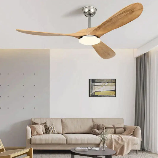 Industrial silver and wood ceiling fan with three light-toned wooden blades and integrated led light for living room