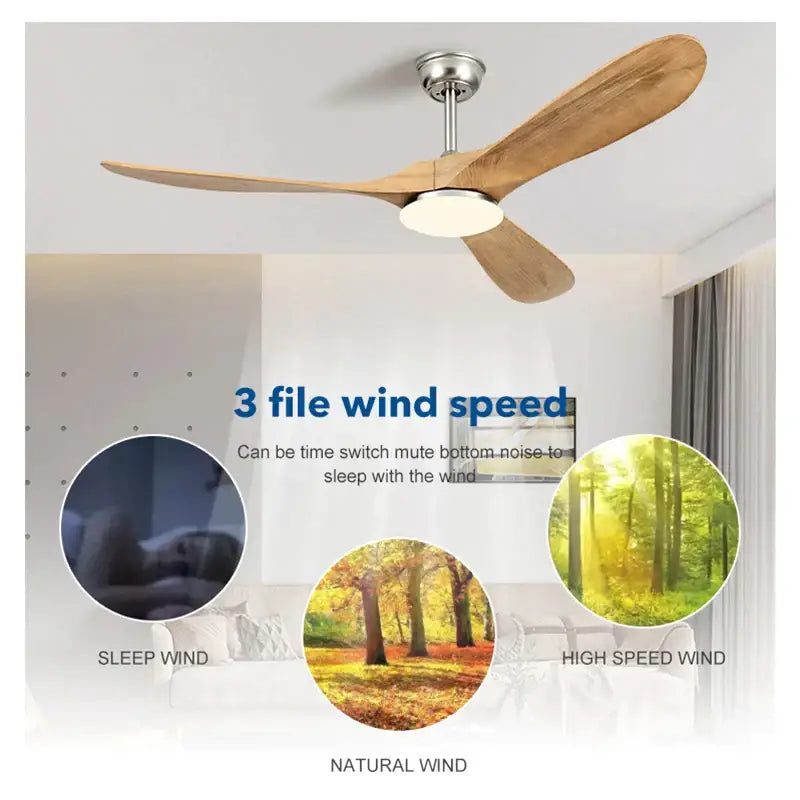 Modern industrial silver and wood ceiling fan with three wooden blades and LED light for living room ceiling fan use