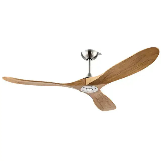 Modern industrial silver and wood ceiling fan with three light brown wooden blades and brushed stainless steel hub for living room