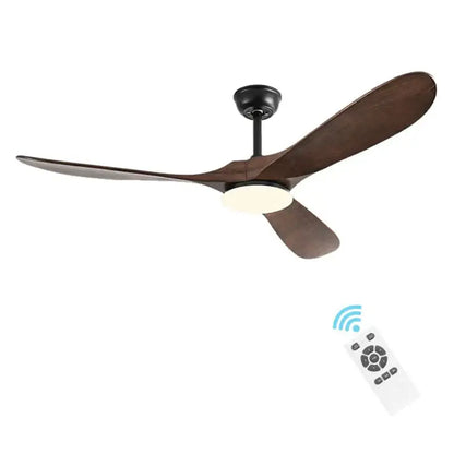 Modern industrial silver and wood ceiling fan with three dark brown wooden blades and integrated LED light for living room