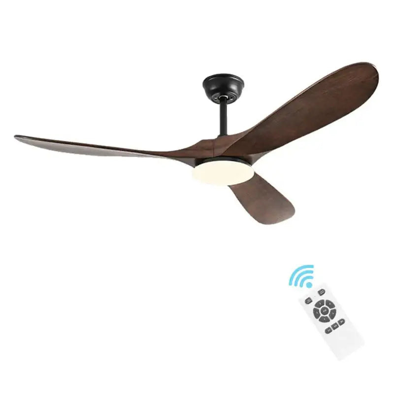 Modern industrial silver and wood ceiling fan with three dark brown wooden blades and integrated LED light for living room