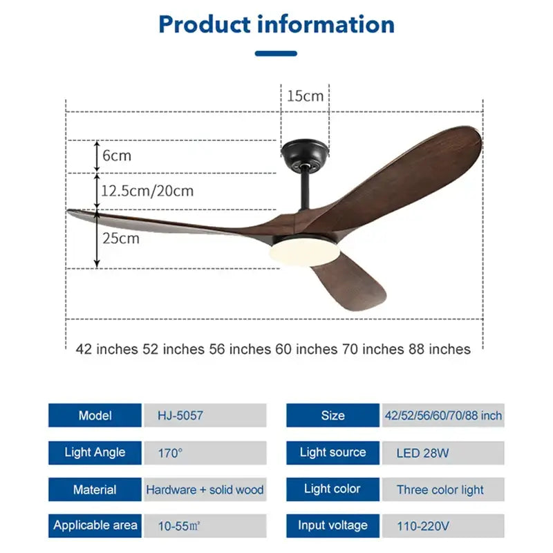 Industrial silver and wood ceiling fan with three dark brown wooden blades and integrated led light for living room wood ceiling